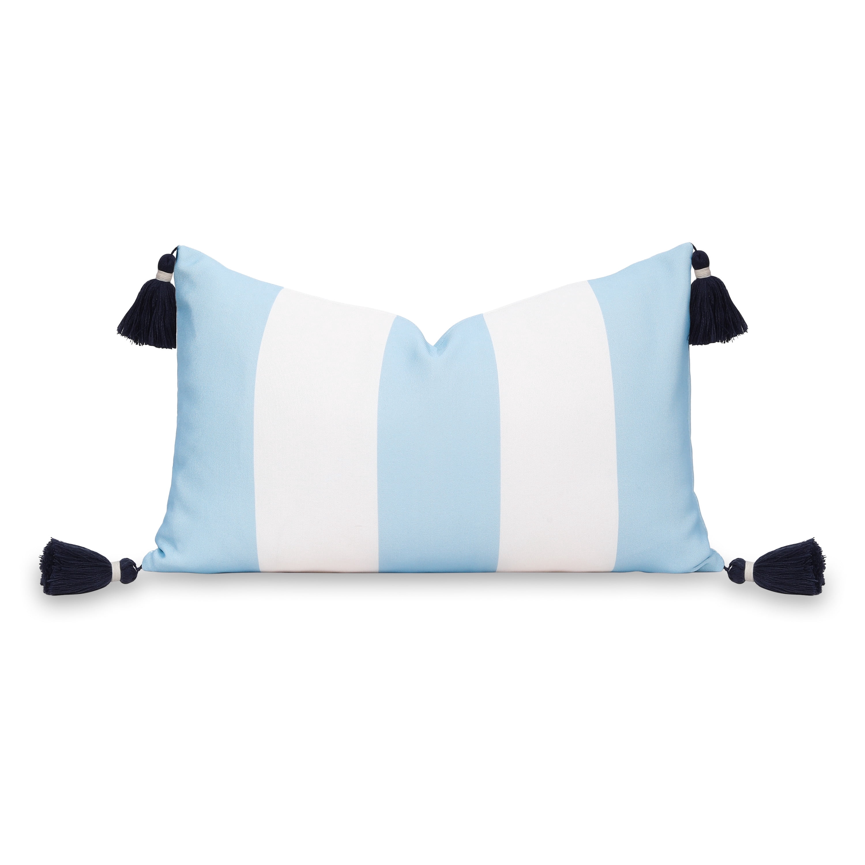 Hofdeco Premium Coastal Patio Indoor Outdoor Lumbar Pillow Cover Only, 12"x20" Water Repellent for Backyard, Couch, Baby Blue Wide Stripes with Tassels