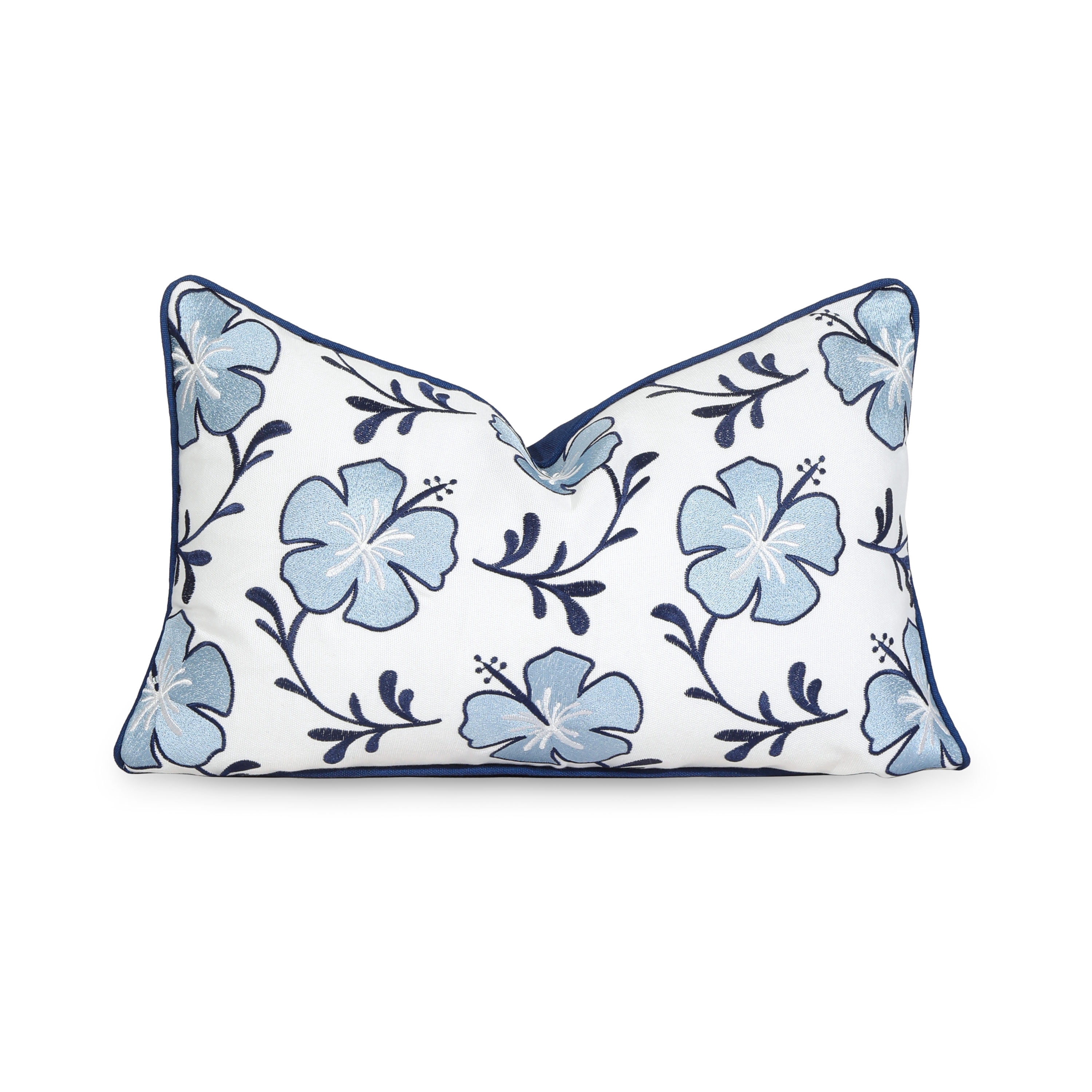 Hofdeco Premium Coastal Patio Indoor Outdoor Lumbar Pillow Cover Only, 12"x20" Water Repellent for Backyard, Couch, Baby Navy Blue Embroidered Hibiscus Floral with Piping