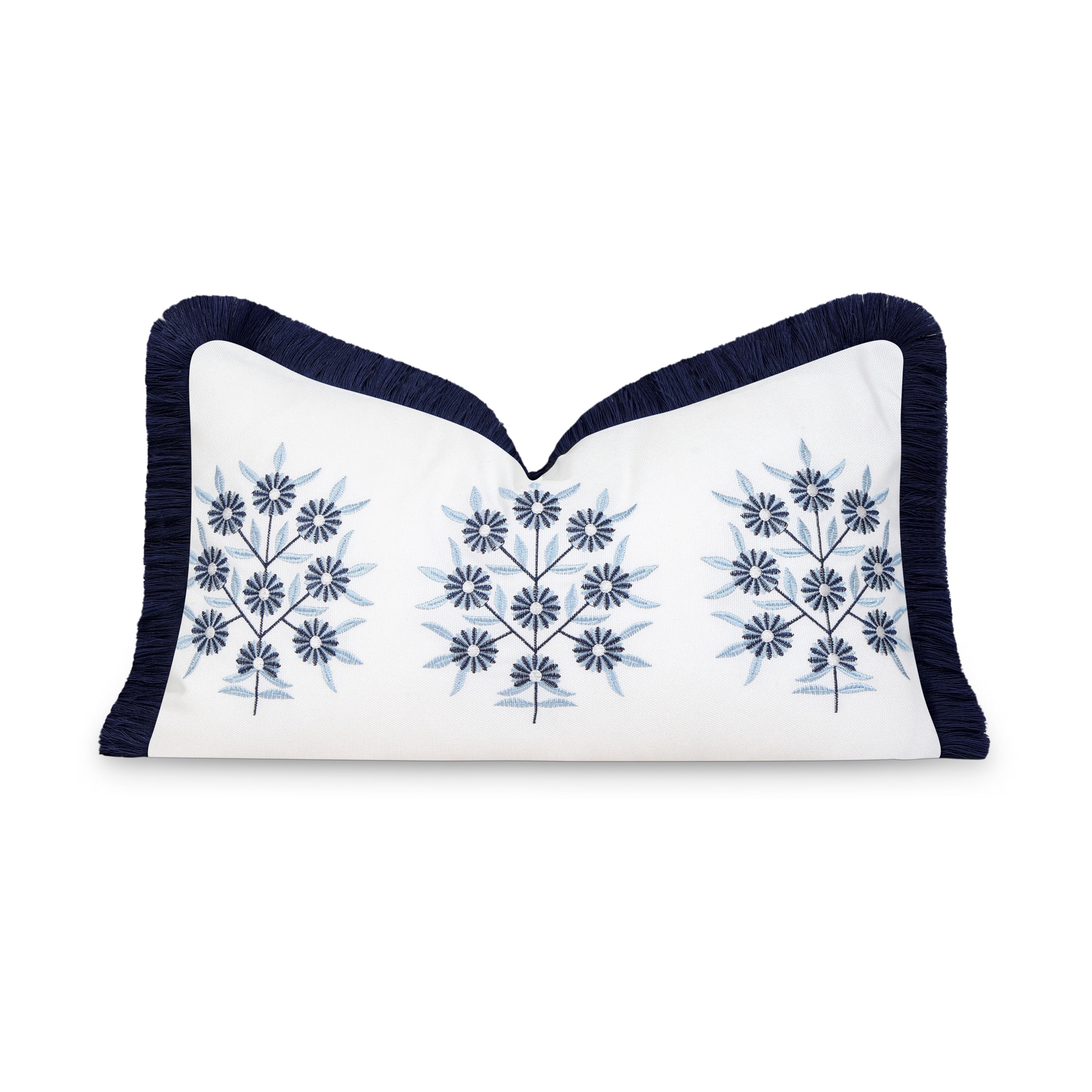 Hofdeco Premium Coastal Patio Indoor Outdoor Lumbar Pillow Cover Only, 12"x20" Water Repellent for Backyard, Couch, Navy Blue Embroidered Floral with Fringe