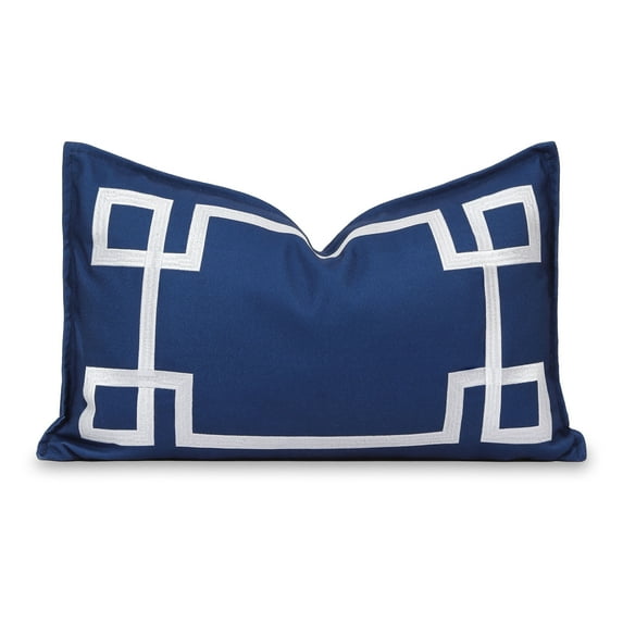 Hofdeco Premium Coastal Patio Indoor Outdoor Lumbar Pillow Cover Only, 12"x20" Water Repellent for Backyard, Couch, Navy Blue Embroidered Frame Greek Key