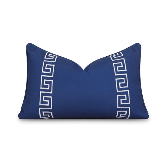 Hofdeco Premium Coastal Patio Indoor Outdoor Lumbar Pillow Cover Only, 12"x20" Water Repellent for Backyard, Couch, Navy Blue Embroidered Greek Key with Piping