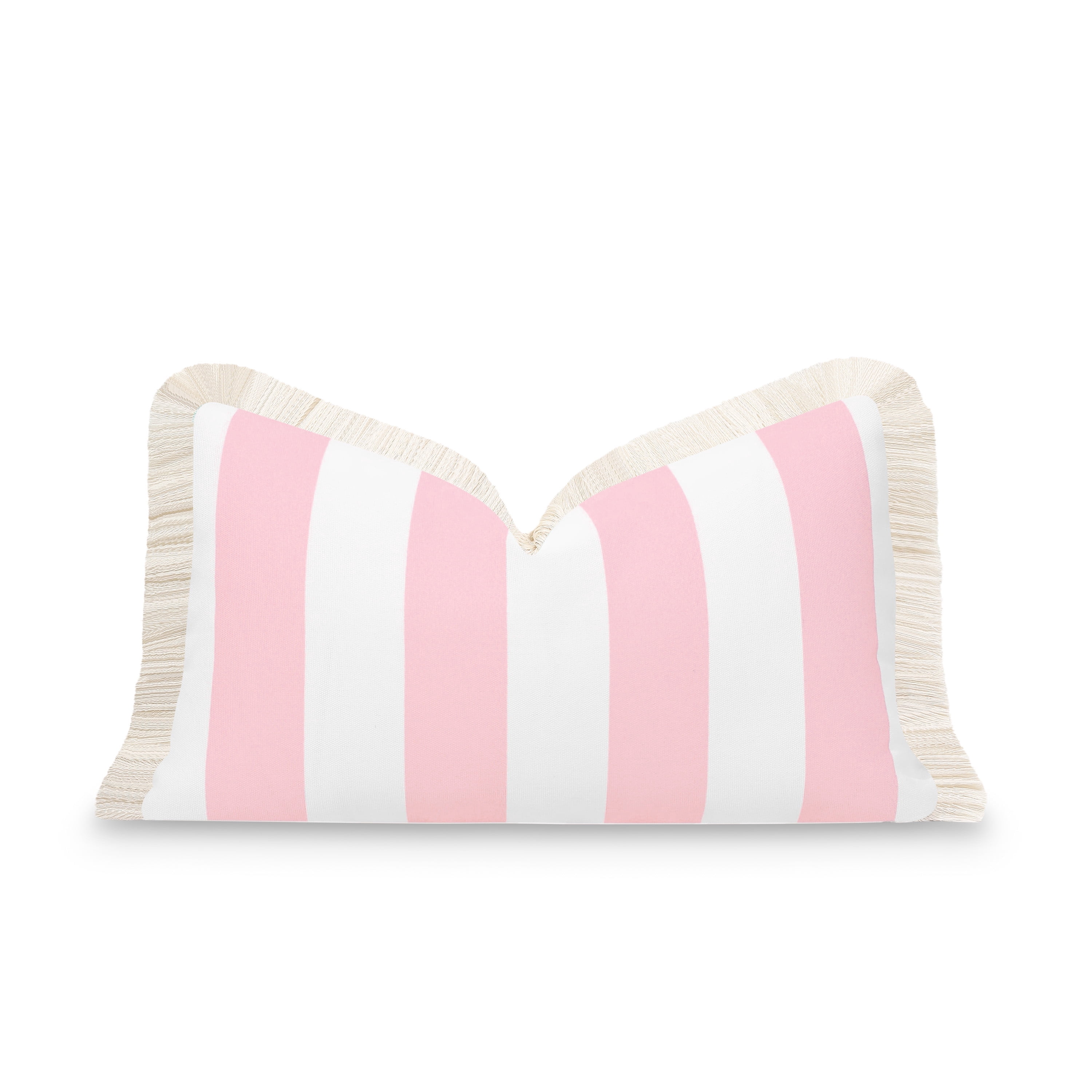 Hofdeco Premium Coastal Patio Indoor Outdoor Lumbar Pillow Cover Only, 12"x20" Water Repellent for Backyard, Couch, Blush Pink Stripe Fringe