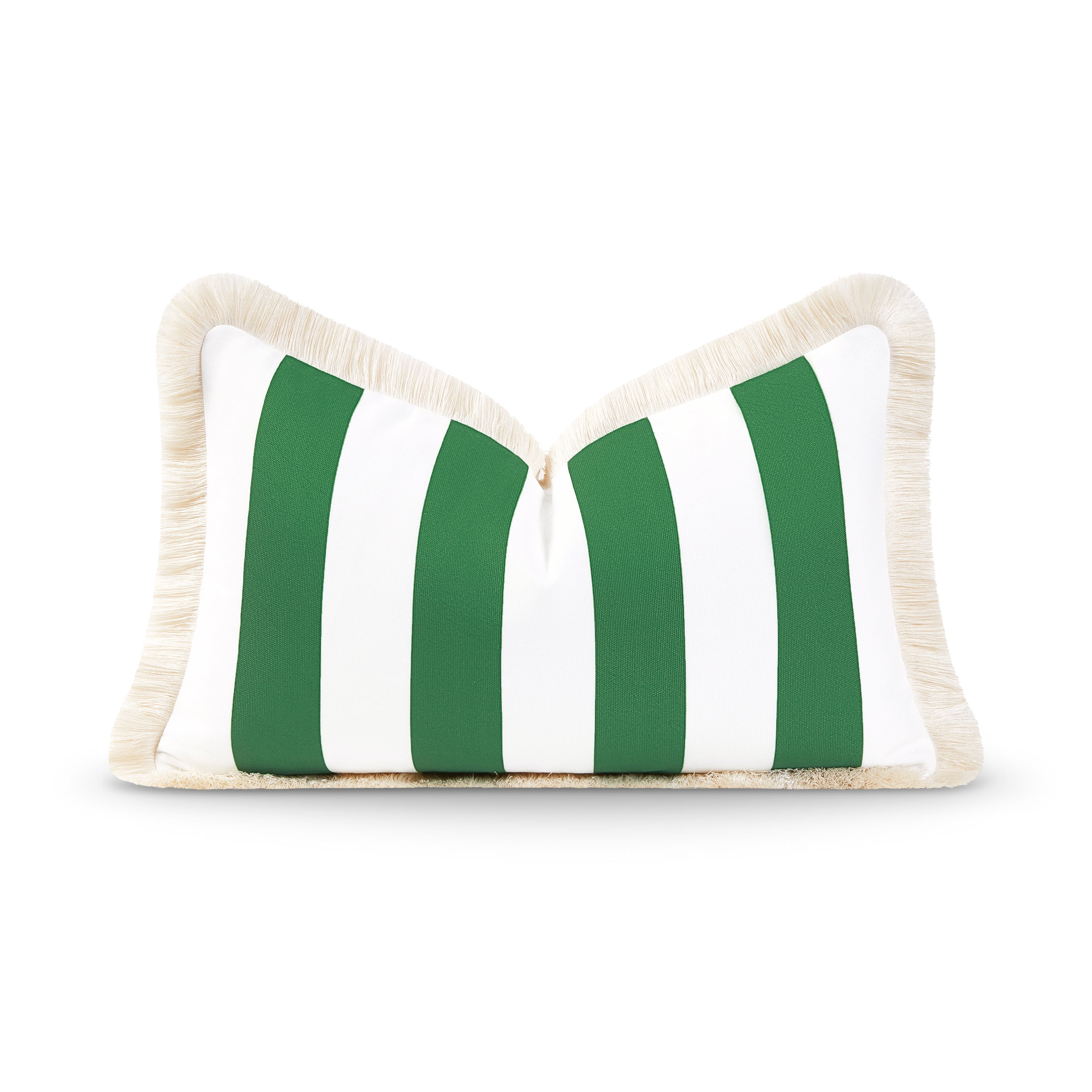 Green and White Striped Coastal Lumbar Pillow Cover with Fringe