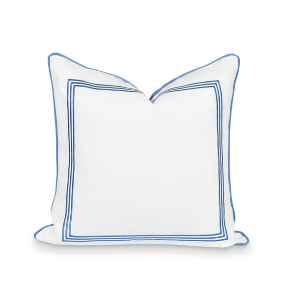 Hofdeco Premium Coastal Patio Indoor Outdoor Pillow Cover Only, 20"x20" Water Repellent for Backyard, Couch, Cornflower Blue Embroidered Square Line