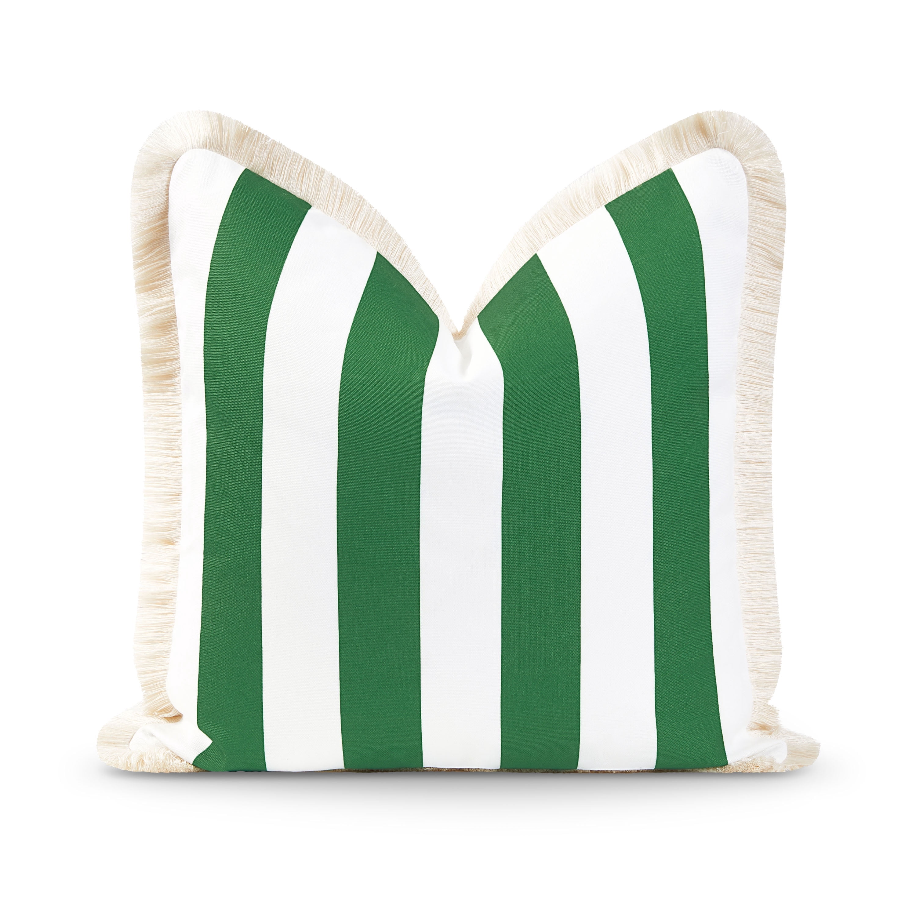 Hofdeco Premium Coastal Patio Indoor Outdoor Pillow Cover Only, 20"x20" Water Resistant for Backyard, Couch, Green Stripe Fringe