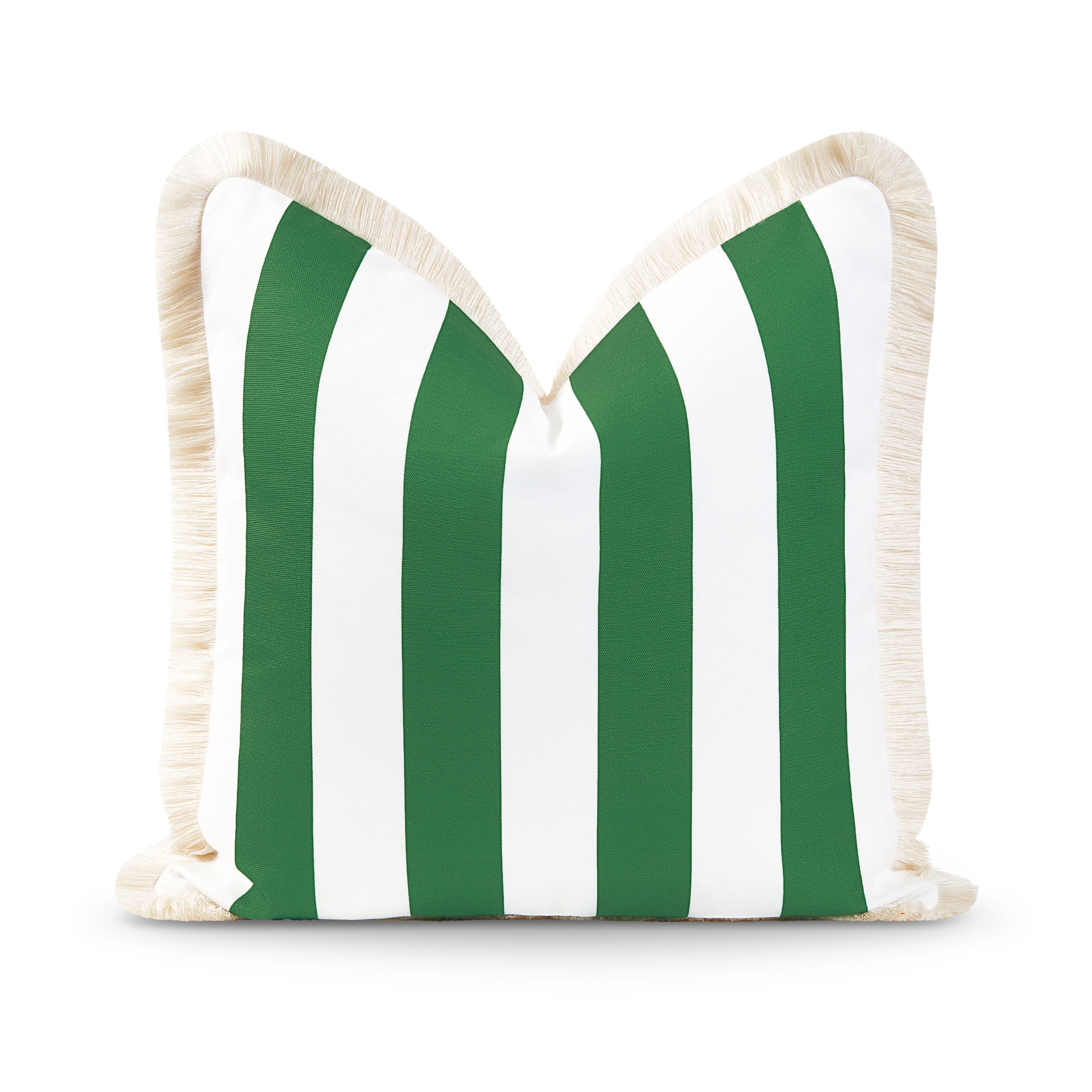 Green and White Stripe Fringe Polyester Outdoor Pillow Cover, 20" x 20"