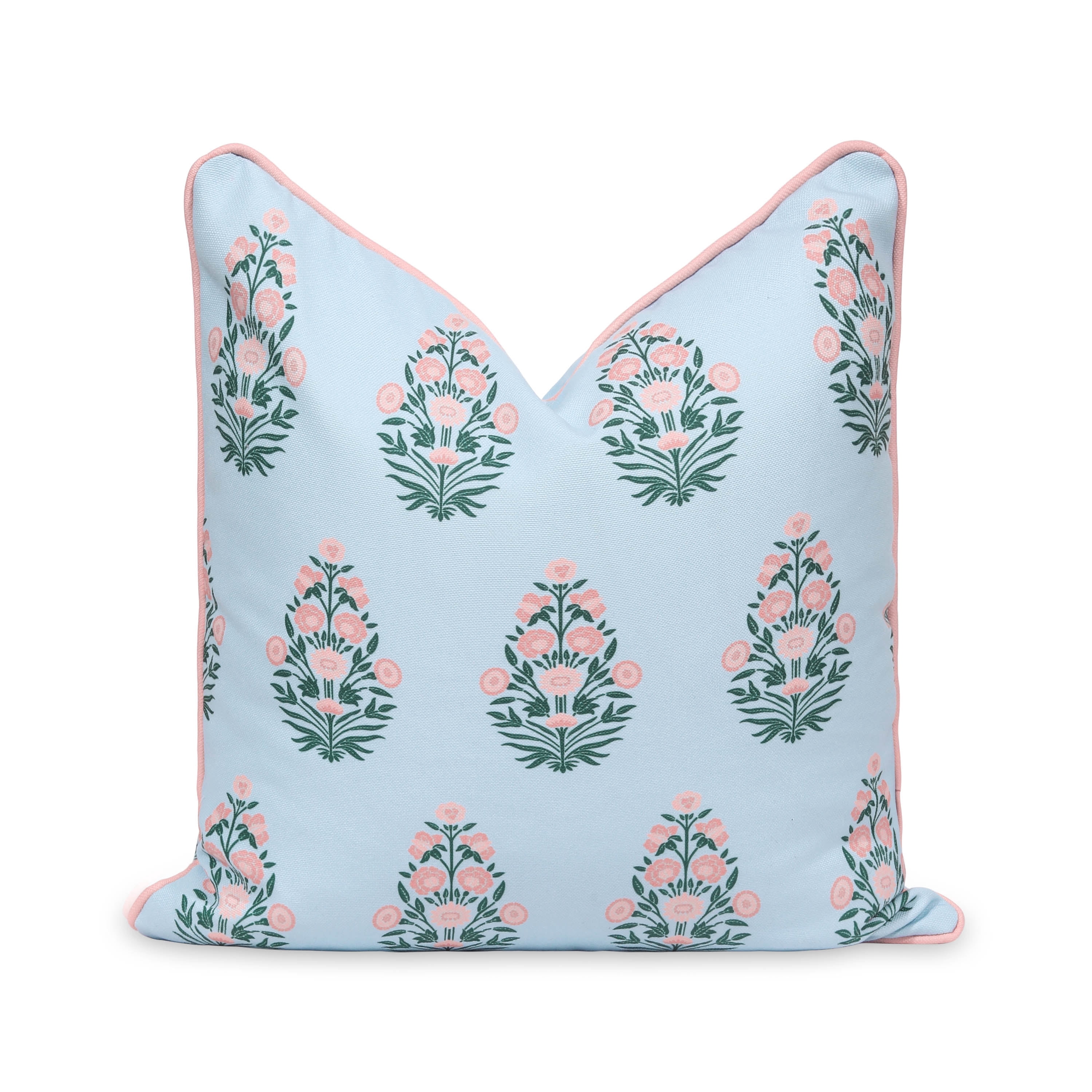 Hofdeco Premium Coastal Patio Indoor Outdoor Throw Pillow Cover Only, 18"x18" Water Repellent for Backyard, Couch, Baby Blue Blush Pink Floral with Piping