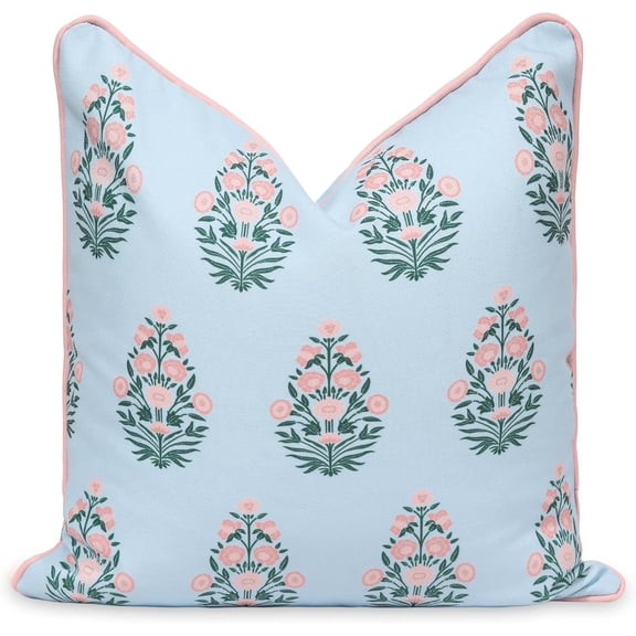 Hofdeco Premium Coastal Patio Indoor Outdoor Throw Pillow Cover Only, 18"x18" Water Repellent for Backyard, Couch, Baby Blue Blush Pink Floral with Piping