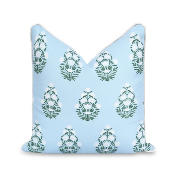 Hofdeco Premium Coastal Patio Indoor Outdoor Throw Pillow Cover Only, 18"x18" Water Repellent for Backyard, Couch, Baby Blue White Green Floral with Piping