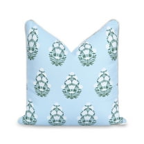 Hofdeco Premium Coastal Patio Indoor Outdoor Throw Pillow Cover Only, 18"x18" Water Repellent for Backyard, Couch, Baby Blue White Green Floral with Piping