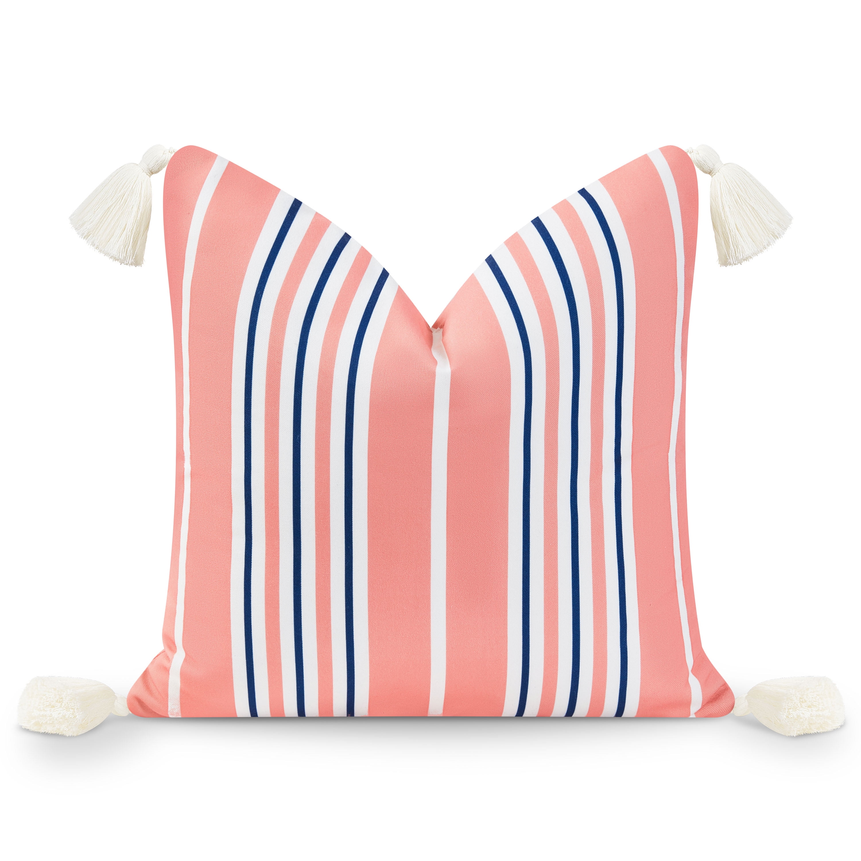 Coral Pink and Navy Striped Square Outdoor Pillow Cover with Tassels