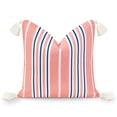 thumbnail image 1 of Hofdeco Premium Coastal Patio Indoor Outdoor Throw Pillow Cover Only, 18"x18" Water Resistant for Backyard, Couch, Coral Pink Navy Blue Stripe Tassel, 1 of 5