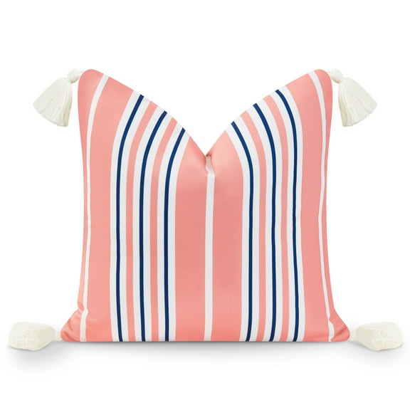 Hofdeco Premium Coastal Patio Indoor Outdoor Throw Pillow Cover Only, 18"x18" Water Resistant for Backyard, Couch, Coral Pink Navy Blue Stripe Tassel