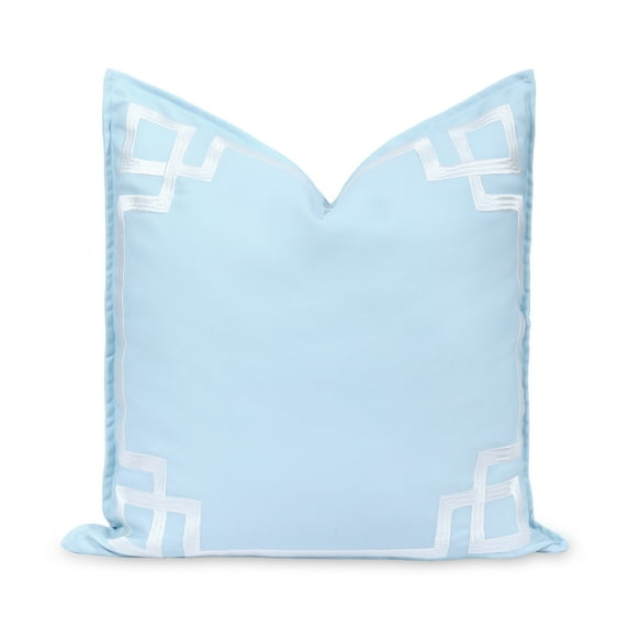 Hofdeco Premium Coastal Patio Indoor Outdoor Throw Pillow Cover Only, 20"x20" Water Repellent for Backyard, Couch, Baby Blue Embroidered Frame Greek Key