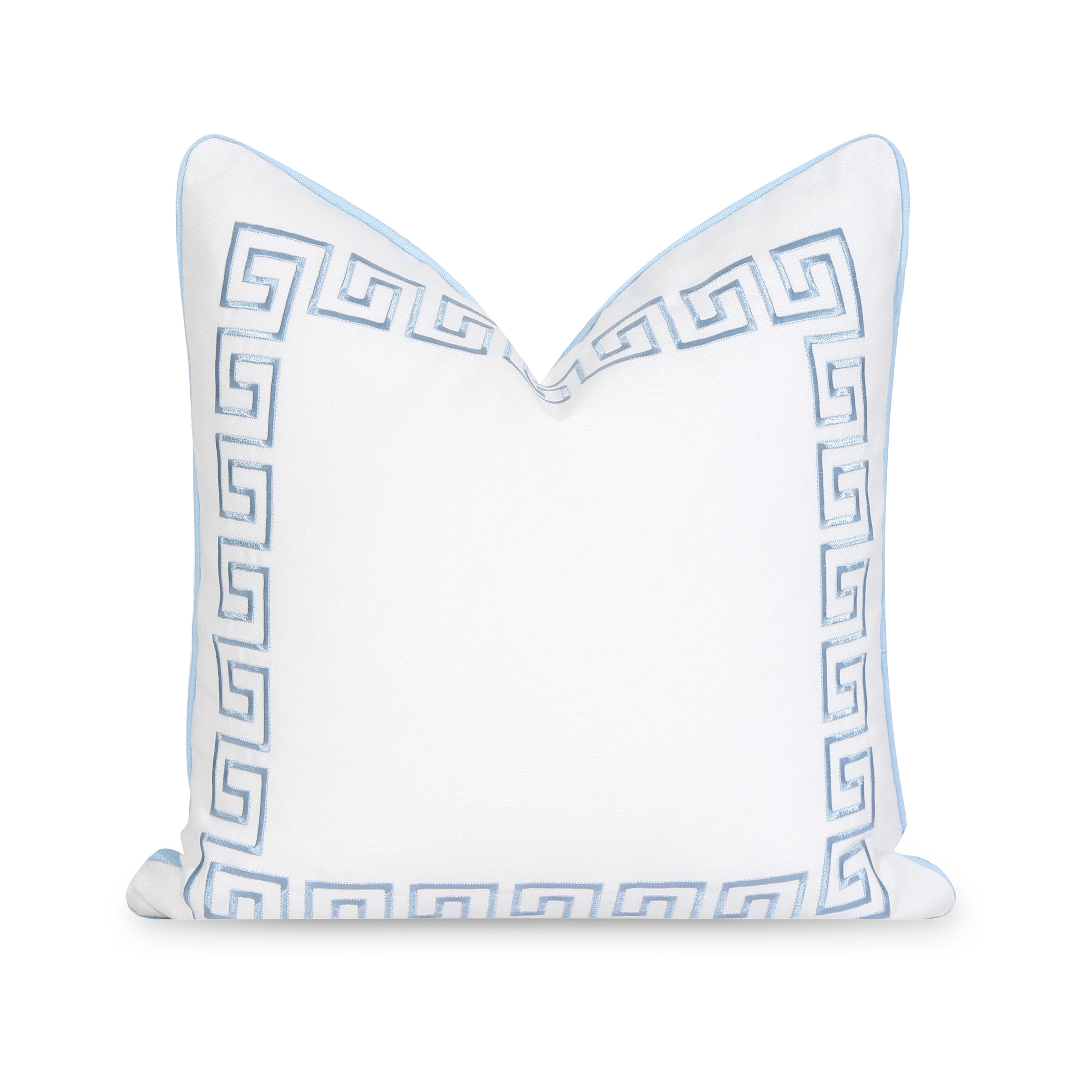 Hofdeco Premium Coastal Patio Indoor Outdoor Throw Pillow Cover Only, 20"x20" Water Repellent for Backyard, Couch, Baby Blue Embroidered Greek Key with Piping
