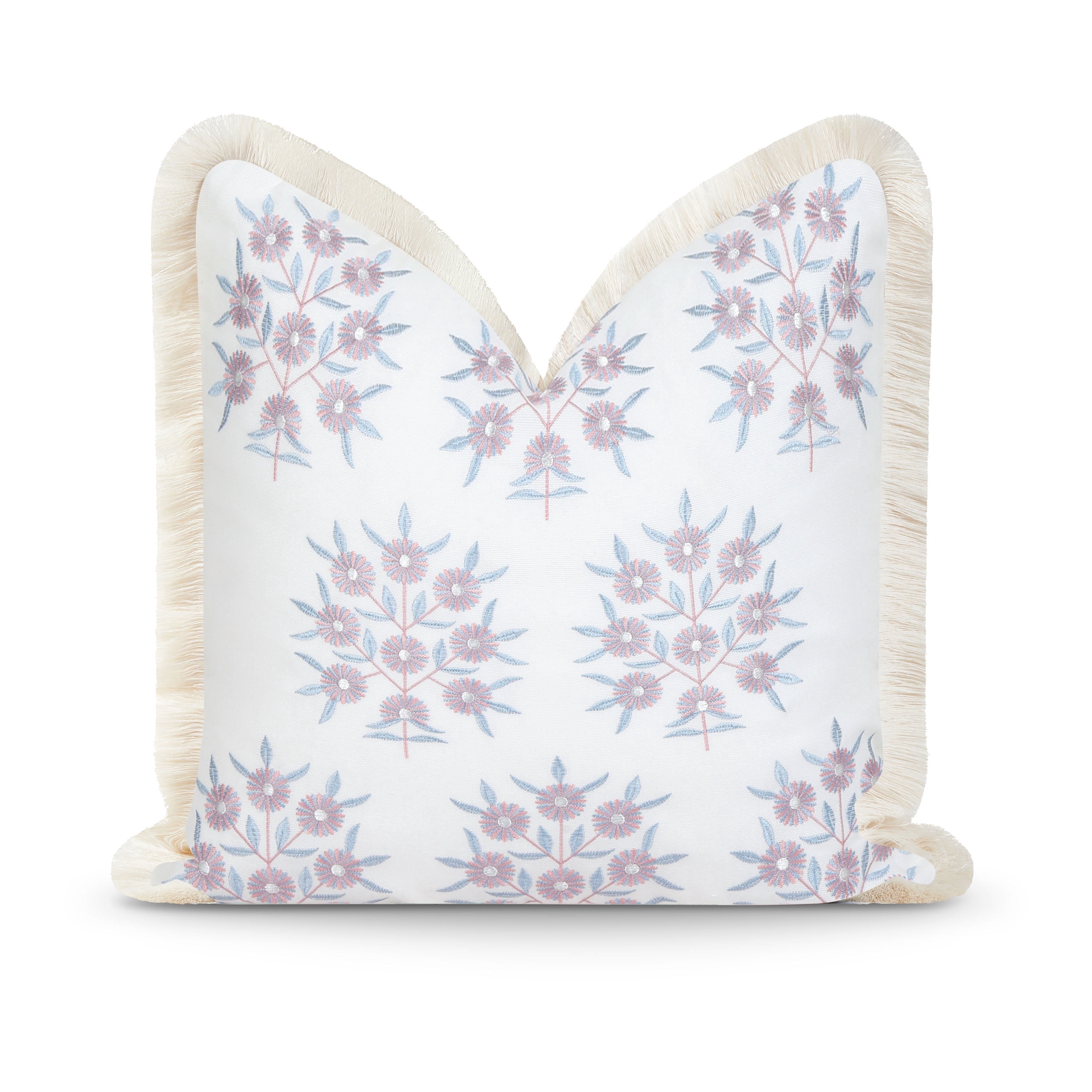 Hofdeco Premium Coastal Patio Indoor Outdoor Throw Pillow Cover Only, 20"x20" Water Repellent for Backyard, Couch, Blush Pink Embroidered Floral with Fringe