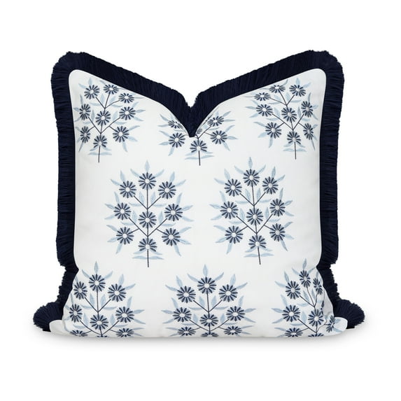 Hofdeco Premium Coastal Patio Indoor Outdoor Throw Pillow Cover Only, 20"x20" Water Repellent for Backyard, Couch, Navy Blue Embroidered Floral with Fringe
