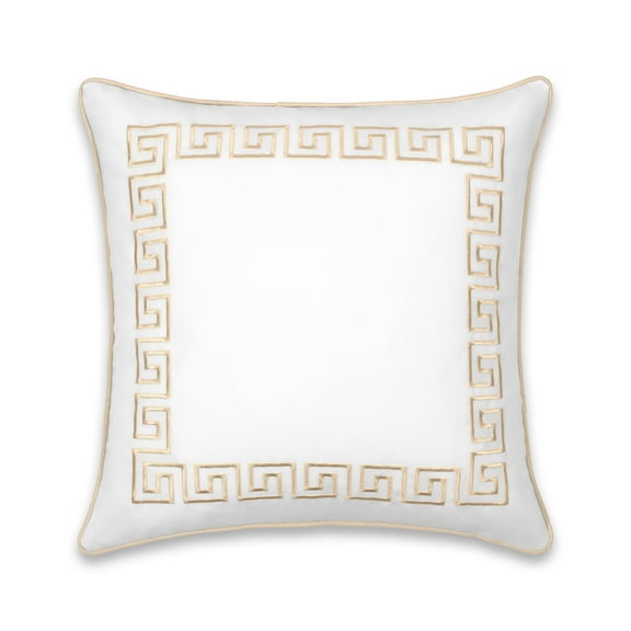 Hofdeco Premium Coastal Patio Indoor Outdoor Throw Pillow Cover Only, 20"x20" Water Repellent for Backyard, Couch, Neutral Tan Embroidered Greek Key with Piping