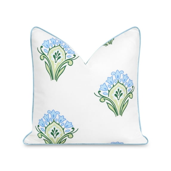 Hofdeco Premium Coastal Patio Indoor Outdoor Throw Pillow Cover Only, 20"x20" Water Repellent for Backyard, Couch, Baby Blue Green Floral with Piping