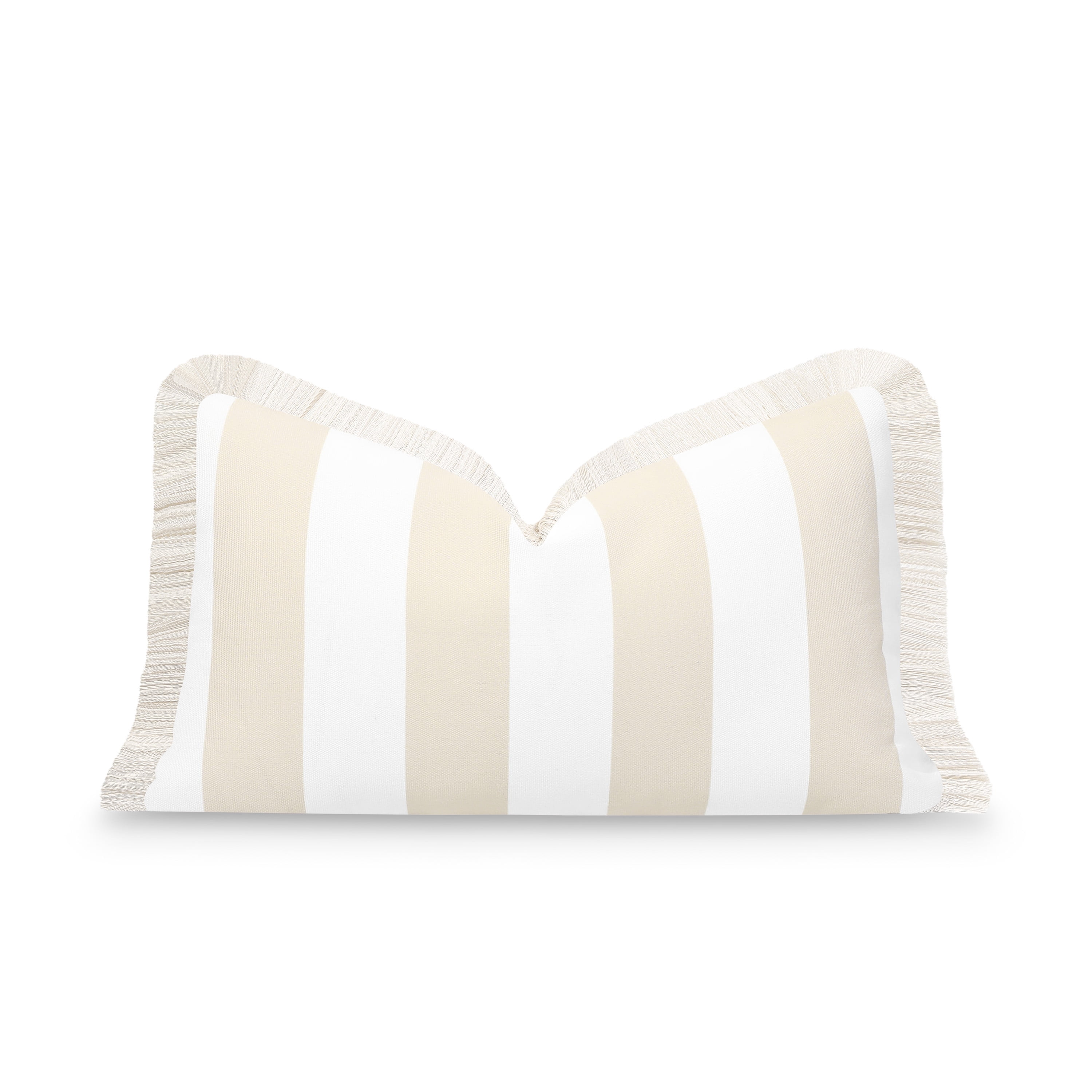 Hofdeco Premium Fall Coastal Patio Indoor Outdoor Lumbar Pillow Cover Only, 12"x20" Water Repellent for Backyard, Couch, Neutral Tan Stripe Fringe