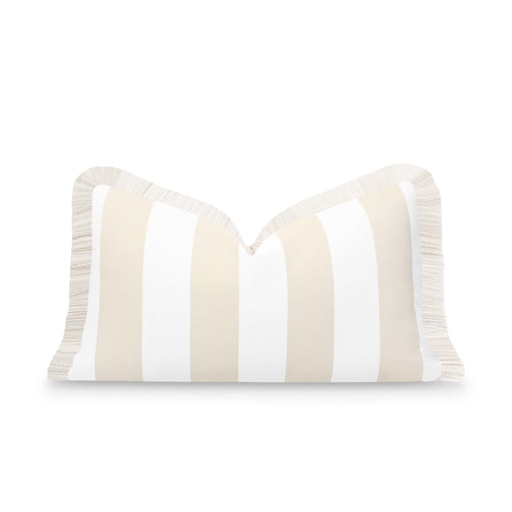 Hofdeco Premium Fall Coastal Patio Indoor Outdoor Lumbar Pillow Cover Only, 12"x20" Water Repellent for Backyard, Couch, Neutral Tan Stripe Fringe