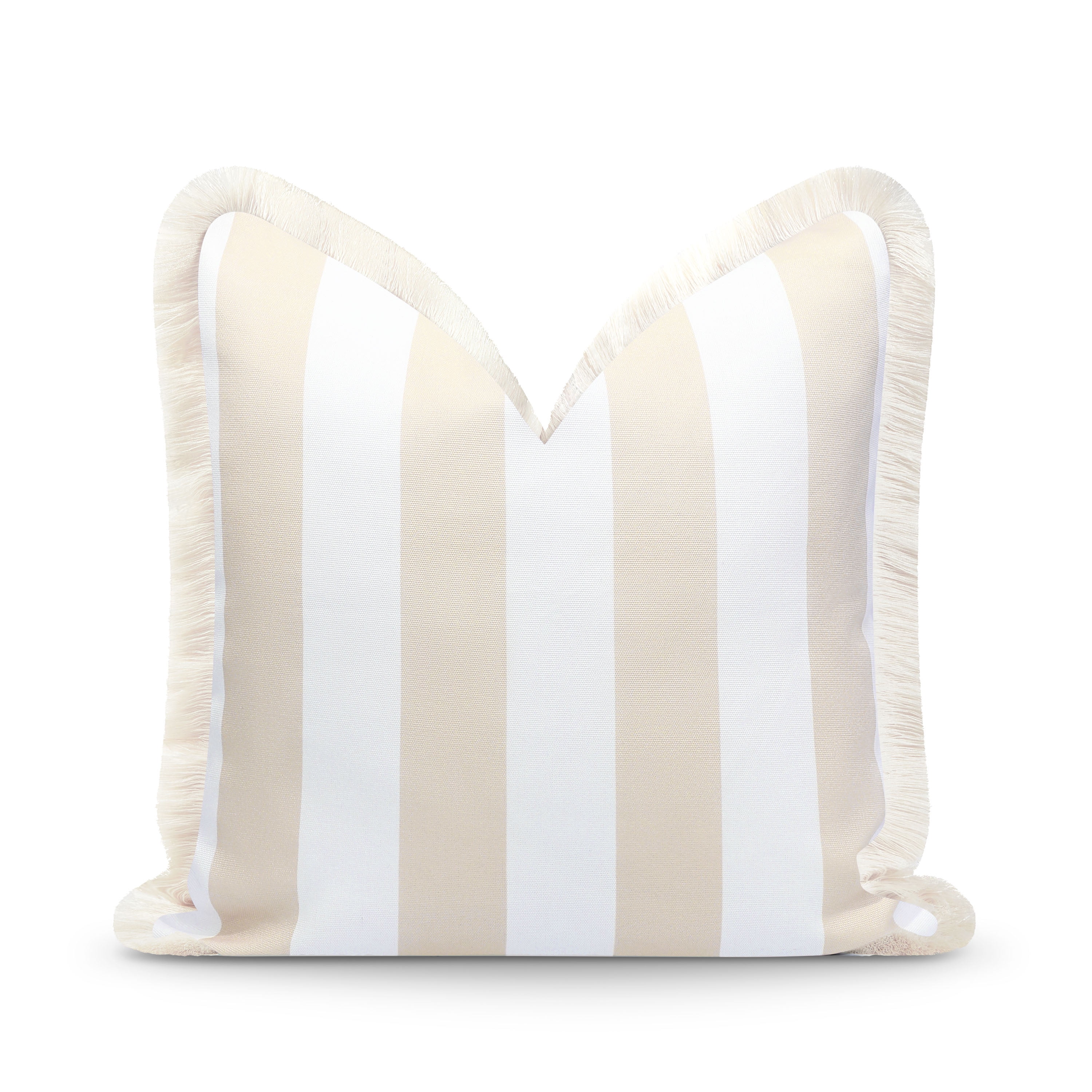 Neutral Tan and White Striped Polyester Outdoor Pillow Cover with Fringe