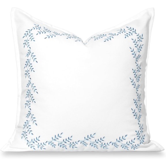 Hofdeco Premium Grandmillennial Coastal Hampton Patio Indoor Outdoor Throw Pillow Cover Only, 20"x20" Water Repellent for Backyard, Couch, Poolside, Baby Blue Embroidered Leaves Frame, Baby Blue...