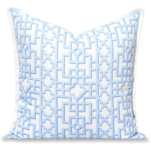 Hofdeco Premium Grandmillennial Coastal Hampton Patio Indoor Outdoor Throw Pillow Cover Only, 20"x20" Water Repellent for Backyard, Couch, Poolside, Baby Blue Print Fretwork Trellised Screen,...