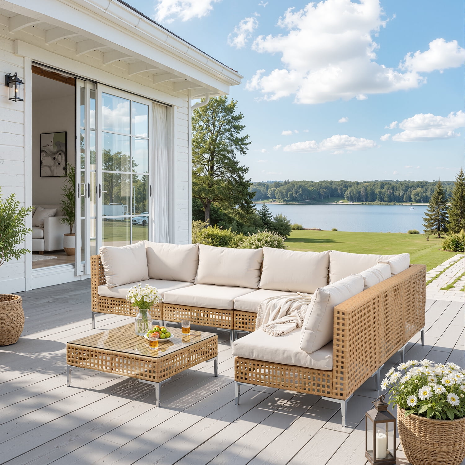 Hoffeorrad 7-Piece Patio Furniture Set, All-Weather PE Rattan Outdoor Sectional Sofa with Conversation Set for Backyard, Garden, Deck