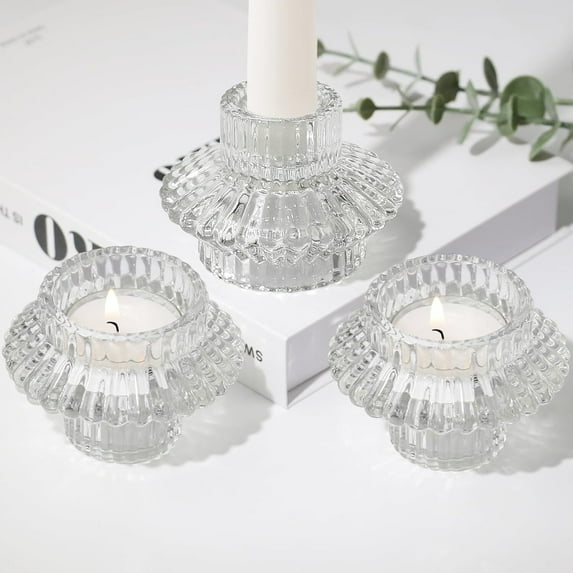 HofferRuffer 3pcs Taper Candle Holders, 2 in 1 Votive Candlestick for Taper Candles, Tealight and Table Centerpiece Decorations, Clear