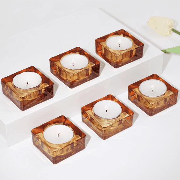 HofferRuffer 6-Piece Glass Amber Square Candle Holders for Home Decor, Wedding, Festival