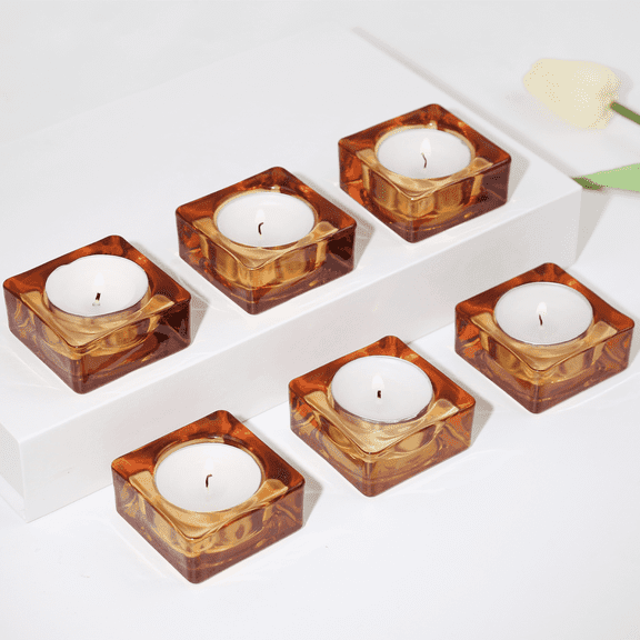 HofferRuffer 6-Piece Glass Amber Square Candle Holders for Home Decor, Wedding, Festival