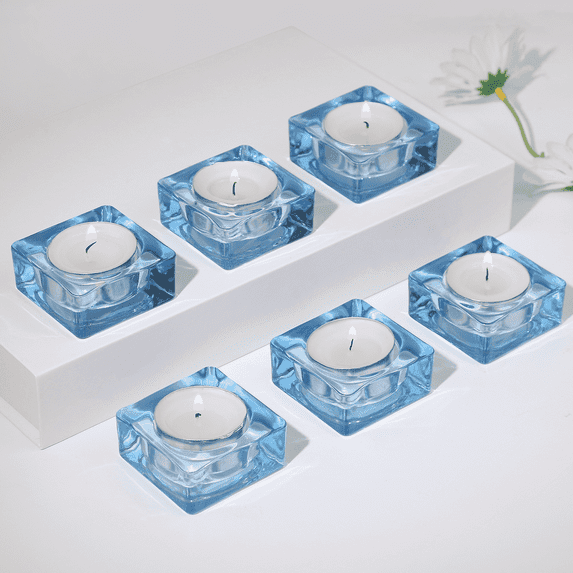 HofferRuffer 6-Piece Glass Candle Holders, Blue Square for Home Decor, Wedding, Festival