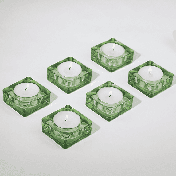 HofferRuffer 6-Piece Glass Candle Holders, Green Square for Home Decor, Weddings, Parties