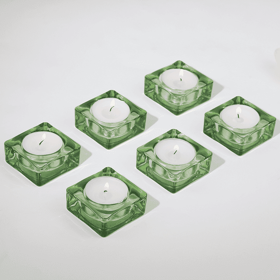 HofferRuffer 6-Piece Glass Candle Holders, Green Square for Home Decor, Weddings, Parties