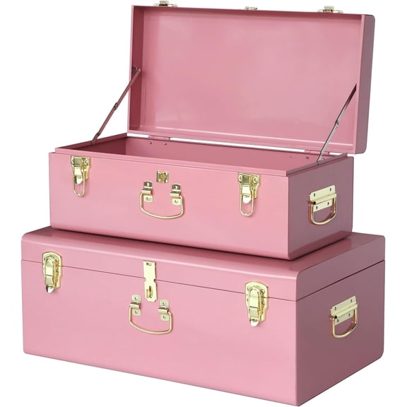 HofferRuffer Decorative Metal Box, Set of 2 Storage Organizer with Lock Hole and Handle, Toy Box for Kids, 23.8X14.2X9.5 Inches (Deep Pink)
