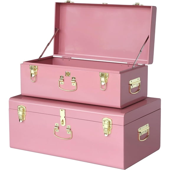 HofferRuffer Decorative Metal Box, Set of 2 Storage Organizer with Lock Hole and Handle, Toy Box for Kids, 23.8X14.2X9.5 Inches (Deep Pink)