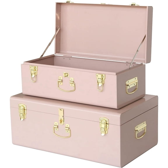 HofferRuffer Decorative Metal Box, Set of 2 Storage Organizer with Lock Hole and Handle, Toy Box for Kids, 23.8X14.2X9.5 Inches (Pink)