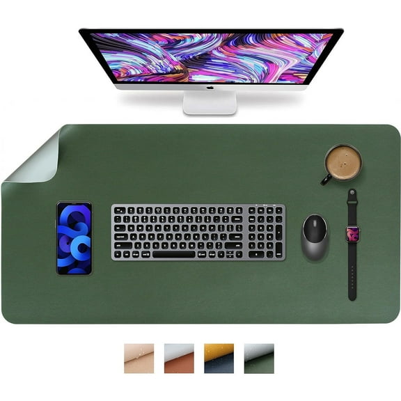 HofferRuffer Desk Pad, 31.5" x 15.8" Desktop Waterproof Protector Mat for Keyboard and Mouse, Dual Side Use Leather Non Slip Desk Mat for Office and Home (Green+grey)