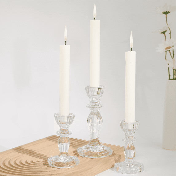 HofferRuffer Glass Candle Holders Set of 3, 1M+2S Clear Stripe Taper Candlestick Holders for Tabletop, Home Decor, Wedding, Birthday, Festival Party