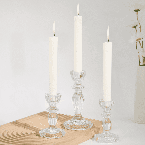 HofferRuffer Set of 3 Glass Candle Holders, Clear Stripe Taper Candlestick Holders for Wedding, Birthday, Home Decor
