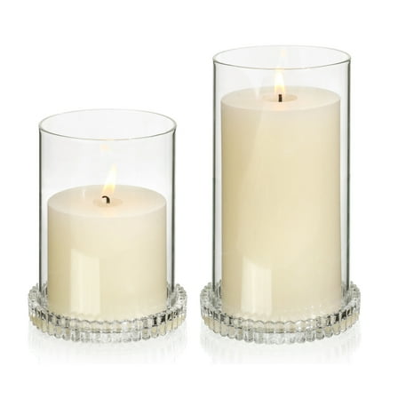 HofferRuffer Glass Hurricane Candle Holders, Set of 2 Round Candle Plate with 5.1"+ 7.1" Tall Clear Cover for Pillar Candles, Outdoor Wedding Decor