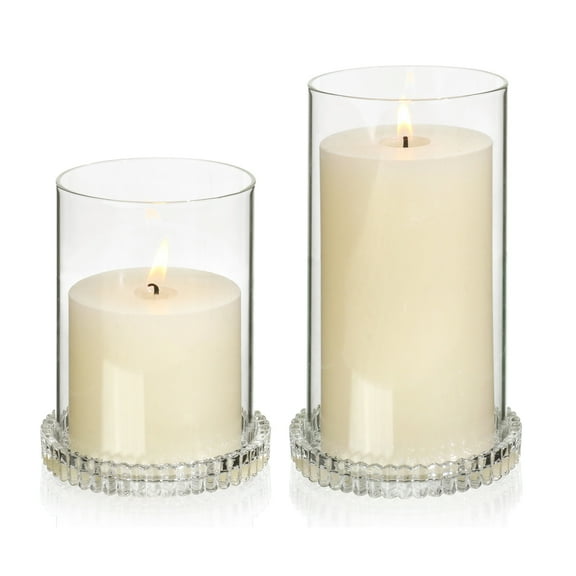HofferRuffer Glass Hurricane Candle Holders, Set of 2 Round Candle Plate with 5.1"+ 7.1" Tall Clear Cover for Pillar Candles, Outdoor Wedding Decor