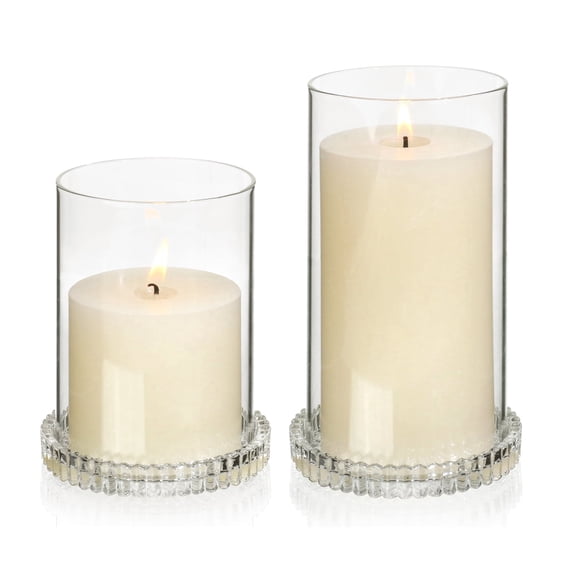 HofferRuffer Decorative Hurricane Pillar Candle Holders, Set of 2 Clear Glass Candle Plate with Windproof Cover for Outdoor Wedding Decor, 7" 