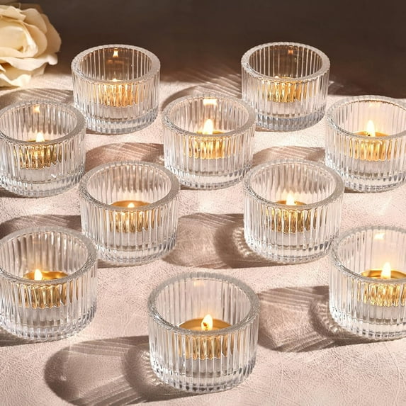 HofferRuffer Glass Tealight Candle Holders Set of 12, Cute Votive Candle Holder for Table Centerpieces, Party, Wedding and Home Decor (2.2'' x 1.4'', Clear)