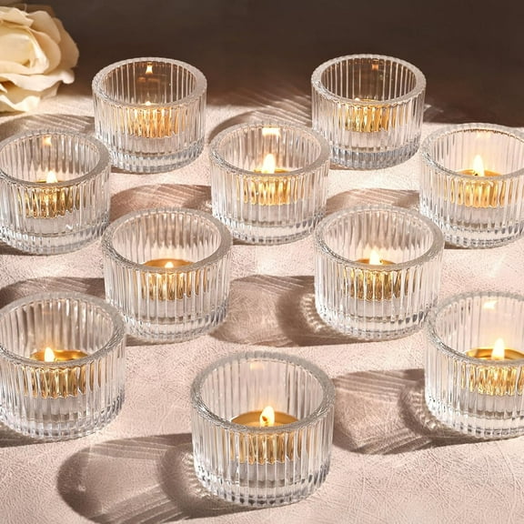 HofferRuffer Glass Tealight Candle Holders Set of 12, Cute Votive Candle Holder for Table Centerpieces, Party, Wedding and Home Decor (2.2'' x 1.4'', Clear)