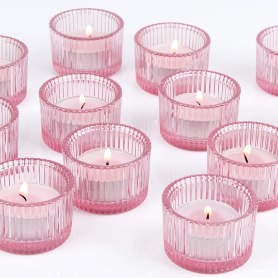 HofferRuffer Glass Tealight Candle Holders Set of 12, Cute Votive Candle Holder for Table Centerpieces, Party, Wedding and Home Decor (2.2'' x 1.4'', Pink)