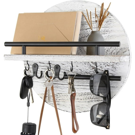 HofferRuffer Key Holder for Wall Decorative with Shelf and Hooks, Wood Round Mail Organizer Wall Mount with Holder, Rustic Home Entryway Key Rack Hanger, White