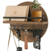 HofferRuffer Key Holder for Wall Decorative with Shelf and Hooks, Wood Round Mail Organizer Wall Mount with Holder, Rustic Home Entryway Key Rack Hanger, Brown
