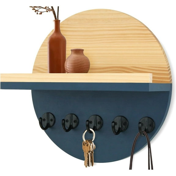 HofferRuffer Key Holder for Wall with Shelf, Wood Mail Organizer, Wall Mounted Rack with Shelf & 5 Hooks for Entryway, Living Room, Blue
